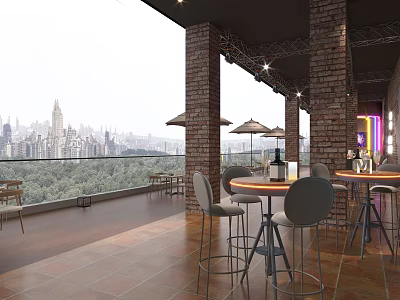 Outdoor Bar Terrace With City Skyline View Brick Columns And High Top Tables 3d model
