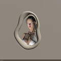 Irregular Shaped Mirror With Neutral Frame On Light Beige Wall Reflection Of Woman In White