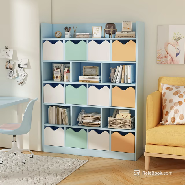 Blue Bookcase with Colorful Compartments Holding Books and Decorative Items in Cozy Room 3d model 