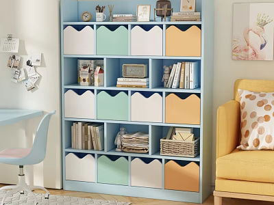 Blue Bookcase with Colorful Compartments Holding Books and Decorative Items in Cozy Room 3d model