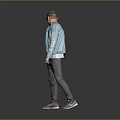 Man Wearing Denim Jacket Light Blue T-shirt Gray Pants Sneakers Gray Cap On Gray Background