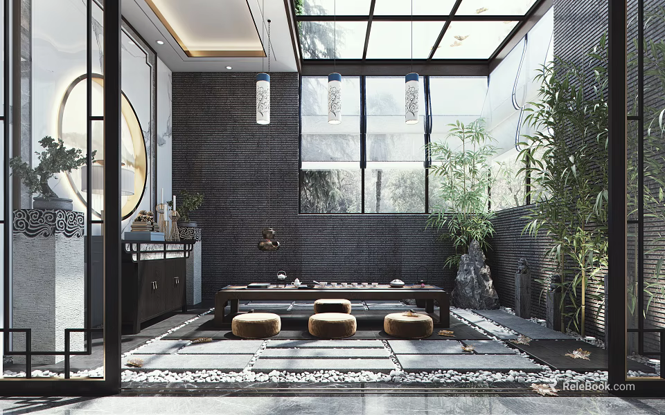 Traditional Tea Room Interior Design With Wooden Tea Table Cushions And Natural Plants 3d model 