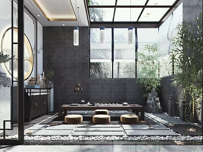 Traditional Tea Room Interior Design With Wooden Tea Table Cushions And Natural Plants 3d model