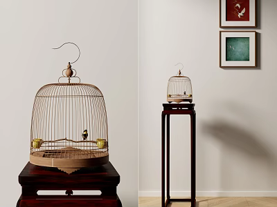 Decorative Birdcage With Small Flying Bird On Wooden Table And Wall Paintings 3d model