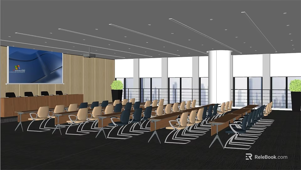 Spacious Modern Conference Room With Projection Screen Tables Chairs And Large Windows 3d model 