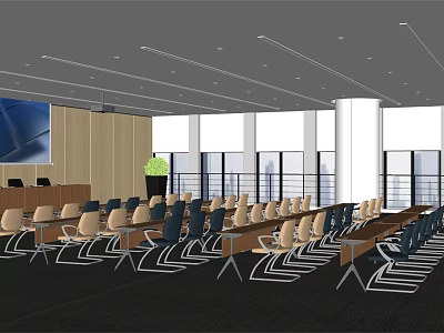 Spacious Modern Conference Room With Projection Screen Tables Chairs And Large Windows 3d model