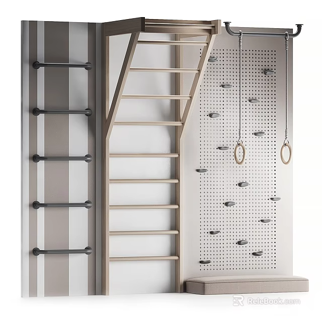 Kids Playground With Wooden Ladder Climbing Wall Hanging Rings And Climbing Holds 3d model 