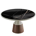 Elegant Round Dining Table With Black Marble Top Golden Veins And Brown Upholstered Chairs
