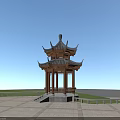 Ancient Chinese Traditional Pavilion With Blue Sky Sea Plaza And Railings