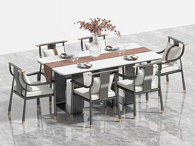 Modern Luxury Dining Table Set With Marble Top Gold Accent Chairs And Floral Vase 3d model