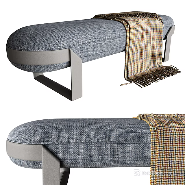 Gray Fabric Sofa Bench With Metal Legs And Plaid Throw Blanket 3d model 