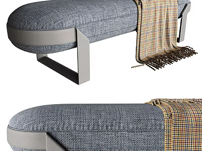 Gray Fabric Sofa Bench With Metal Legs And Plaid Throw Blanket 3d model