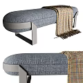Gray Fabric Sofa Bench With Metal Legs And Plaid Throw Blanket