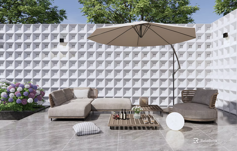 Outdoor Sofa Set With Parasol Geometric Pattern Wall Green Plants Coffee Table And Cushion 3d model 