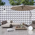 Outdoor Sofa Set With Parasol Geometric Pattern Wall Green Plants Coffee Table And Cushion