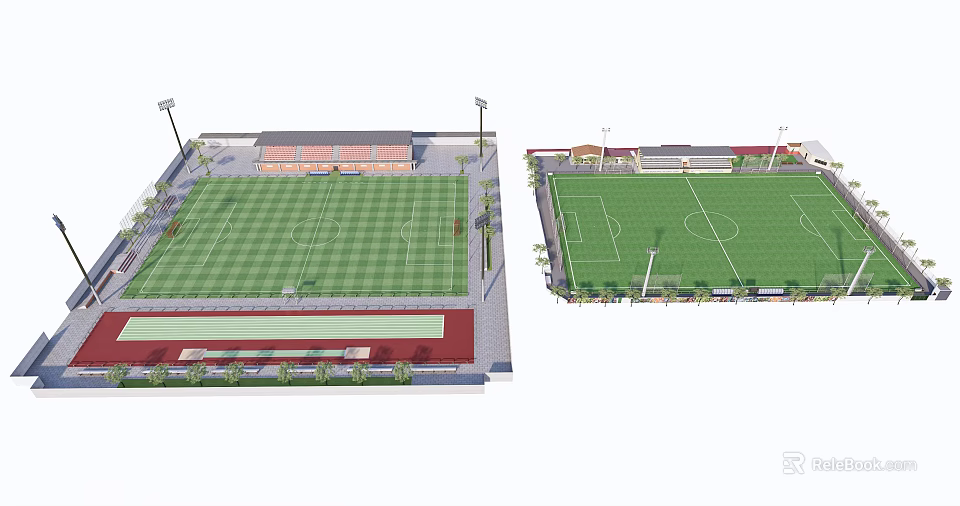Football Field With Green Lawn Red Running Track Spectator Stands And Floodlights 3d model 
