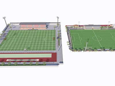 Football Field With Green Lawn Red Running Track Spectator Stands And Floodlights 3d model