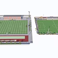 Football Field With Green Lawn Red Running Track Spectator Stands And Floodlights
