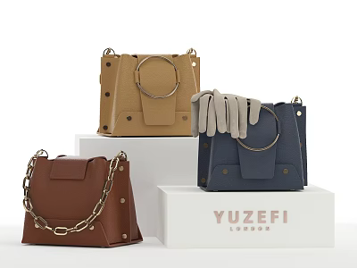 Chic Handbags In Brown Tan Navy With Metal Rings Chains And Gloves 3d model