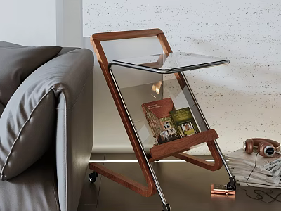 Wooden Frame Glass Top Side Table With Magazine Rack Next To Sofa 3d model