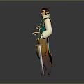 3D Male Character In Green White Outfit Yellow Pants Holding Tray With Cups And Sword