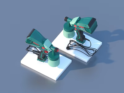 Two Green Power Hardware Tools Placed on White Bases with Power Cords 3d model