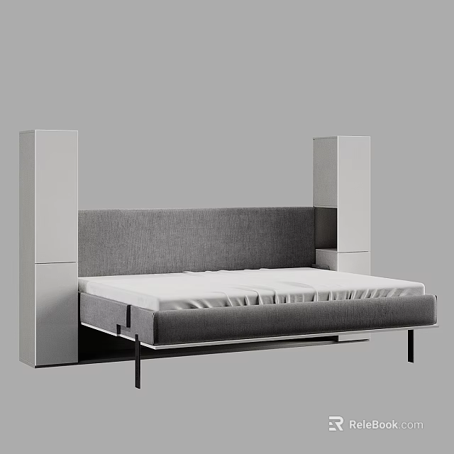 Modern Double Bed With Grey Upholstered Headboard And Black Legs Frame 3d model 