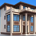 Two Story Detached Villa With Balcony Columns Large Windows And Decorative Wall Design