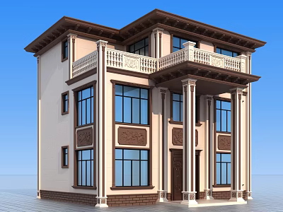 Two Story Detached Villa With Balcony Columns Large Windows And Decorative Wall Design 3d model