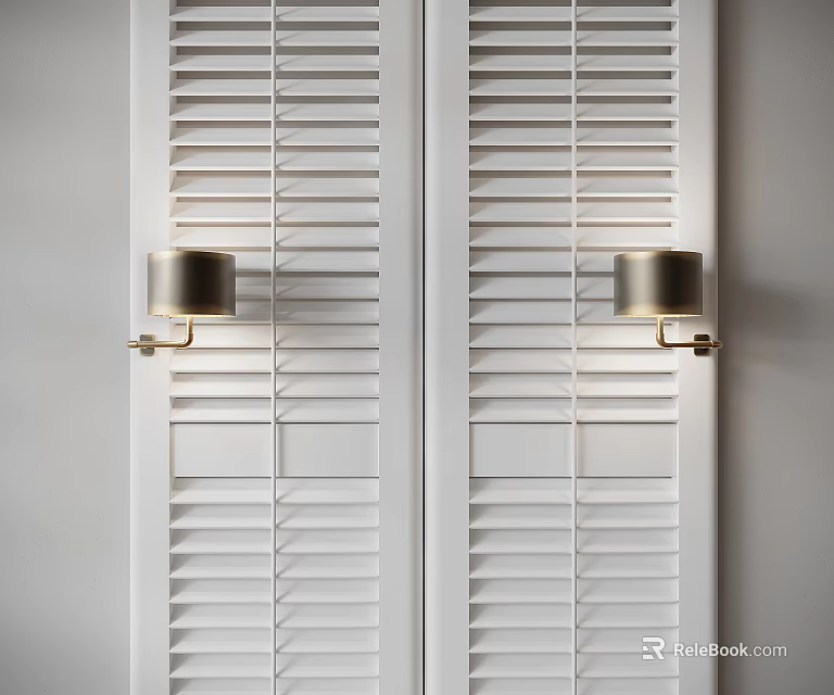 Two Metallic Wall Sconces Mounted On Wall Flanking White Louvered Doors 3d model 
