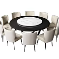 Round Dining Table Set With Marble Tabletop And Light Colored Upholstered Chairs Black Slim Legs 3d model