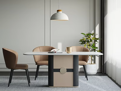 Modern Elegant Dining Table Set With Beige Chairs Pendant Light And Potted Plant 3d model