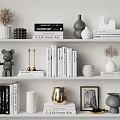 Gray and White Decorative Ornament Set with Shelf Books Vases Bear Figurine and Gold Accents