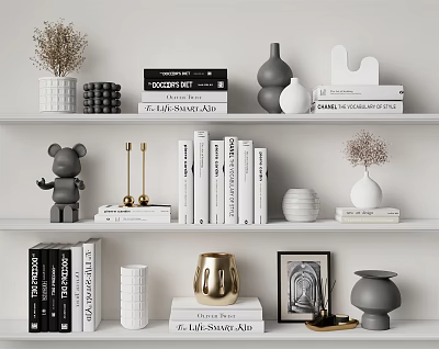 Gray and White Decorative Ornament Set with Shelf Books Vases Bear Figurine and Gold Accents 3d model