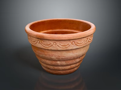 Terracotta Flower Pot With Carved Decorative Patterns And Ribbed Design For Home Decoration And Gardening 3d model