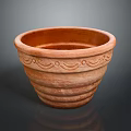 Terracotta Flower Pot With Carved Decorative Patterns And Ribbed Design For Home Decoration And Gardening