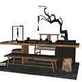 Natural Wooden Tea Table and Bench Setup With Decorative Branch Tea Sets and Rug