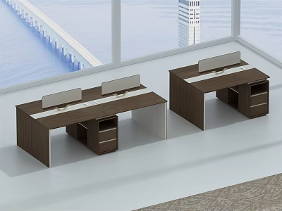 Modern Office Desks With Wooden Tops Drawers Monitor Stands And Large Windows 3d model