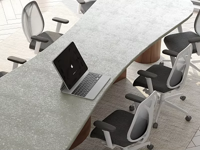 Modern Conference Table With Light Textured Surface Laptop And Gray White Office Chairs 3d model