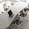 Modern Conference Table With Light Textured Surface Laptop And Gray White Office Chairs