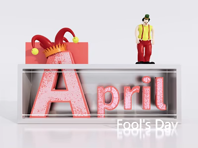 April Fool's Day Festive Display With Jester Figure Red Gift Box And Glittery April Lettering 3d model