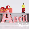 April Fool's Day Festive Display With Jester Figure Red Gift Box And Glittery April Lettering
