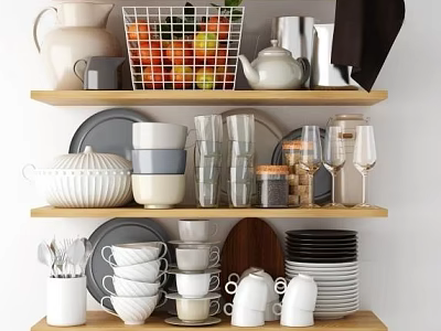 Dinnerware Set With Assorted White Gray Bowls Plates Cups And Glasses On Wooden Shelves 3d model