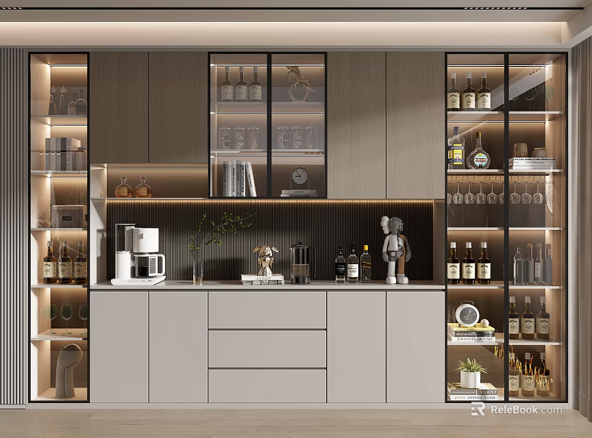 Elegant Modern Wine Cabinet With Glass Doors LED Lighting And Wine Bottles 3d model 