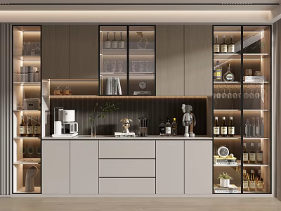 Elegant Modern Wine Cabinet With Glass Doors LED Lighting And Wine Bottles 3d model