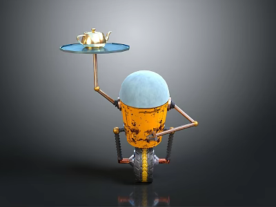 Unique Robot With Yellow Body Holding Gold Teapot On Blue Tray 3d model