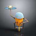Unique Robot With Yellow Body Holding Gold Teapot On Blue Tray