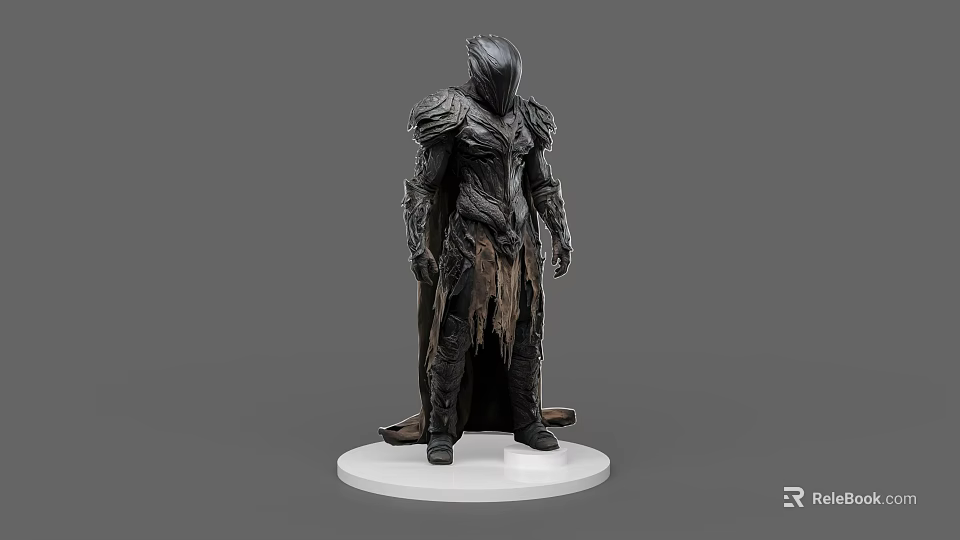 Dark Game Movie Character With Tattered Cloak And Armor Standing On Base 3d model 