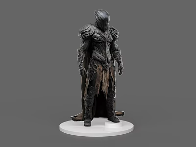 Dark Game Movie Character With Tattered Cloak And Armor Standing On Base 3d model