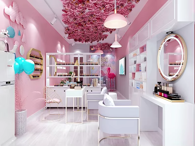 Pink Hair And Beauty Salon Interior With Floral Ceiling White Furniture And Mirrors 3d model